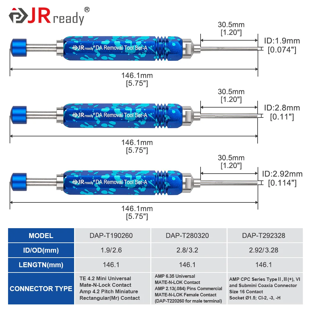 JRready ST5263 Tube Type Ejector Rod Contact Extraction Tool Set for AMP 4.2/6.35/2.13/CPC Series Pin and Socket Connectors