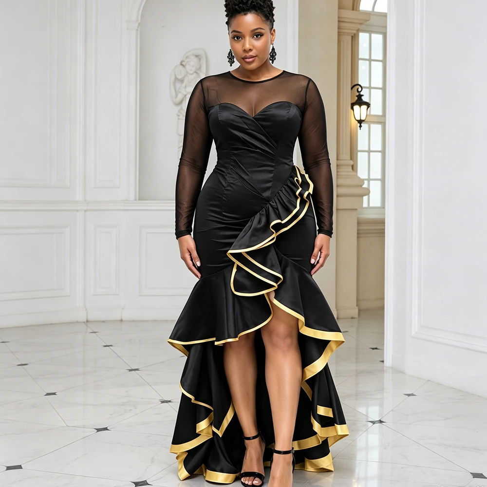 Plus Size Women Satin Evening Dress Sheer Long Sleeve Round Neck Gold Trim Ruffle High Slit Formal Wedding Guest Party Dress