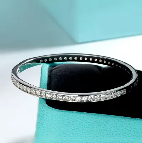 2.5MM Full Moissanite Bangle Bracelets For Women Girls S925 Silver Sparkling Spring Buckle Bracelets Fine Jewelry Pulseiras