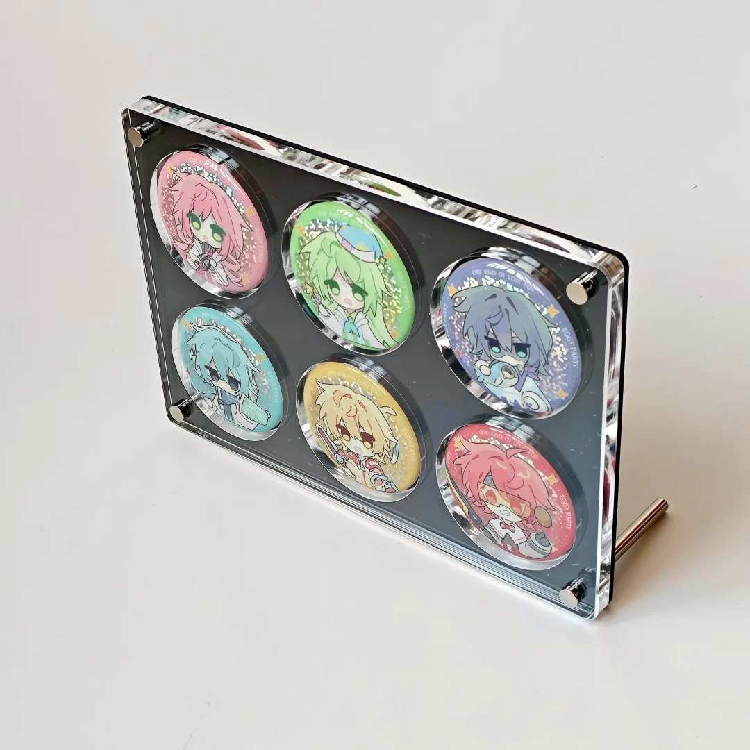 

6-cell Black Acrylic Badge Display Stand for 58mm Anime Pin Clear Showcase Case Thick & Dust-Proof for Anime Collection