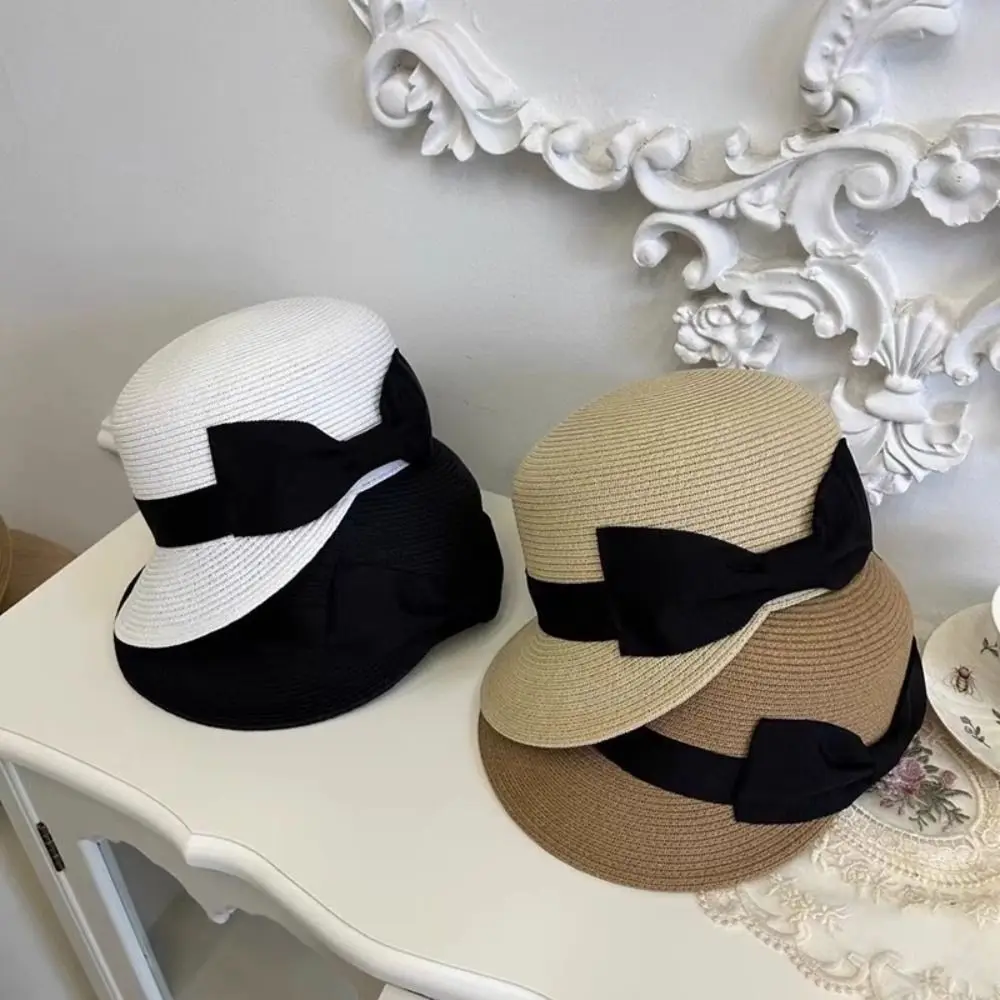 Gorro de paja tejido elegante Vintage, gorro de paja con lazo francés de verano, cúpula, protección solar, sombrero ecuestre para vacaciones