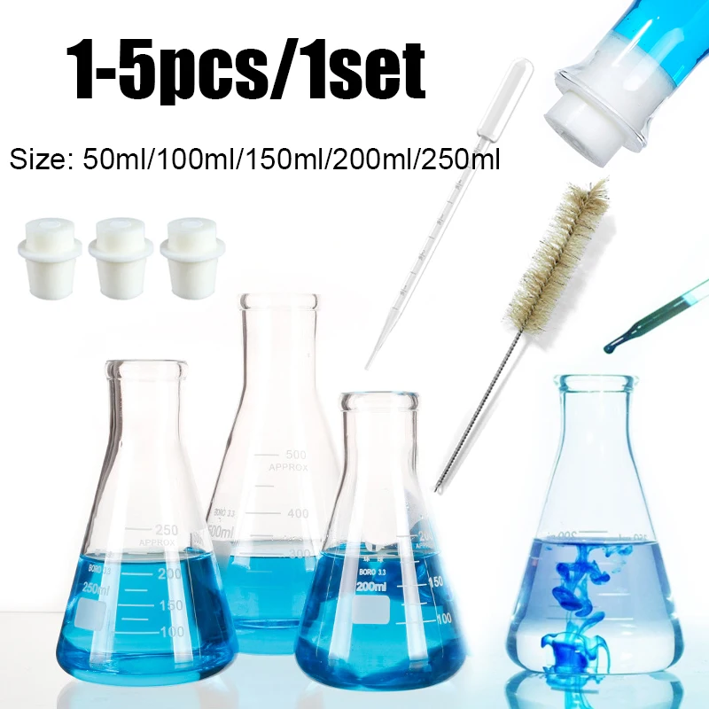 50 ml/100 ml/150 ml/200 ml/250 ml Glas-Erlenmeyerkolben-Set mit schmalem Mund, 15–68 mm Silikonstopfen für Laborexperimente, wissenschaftliche Studien