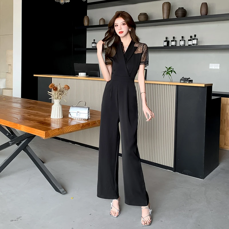 Jumpsuit met korte mouwen Dames 2025, zomermode Dames Slanke patchworkzakken Dames Elegante vrouwelijke effen kanten outfits Overalls