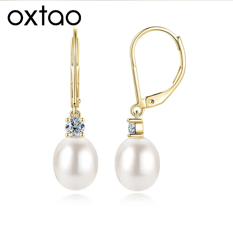 OXTAO 9mm Freshwater Pearl Classic Earrings for Women Girl D VVS1 Certified Moissanite Drop Hoop Earrings 14K Gold Filled Engagement Wedding Jewelry