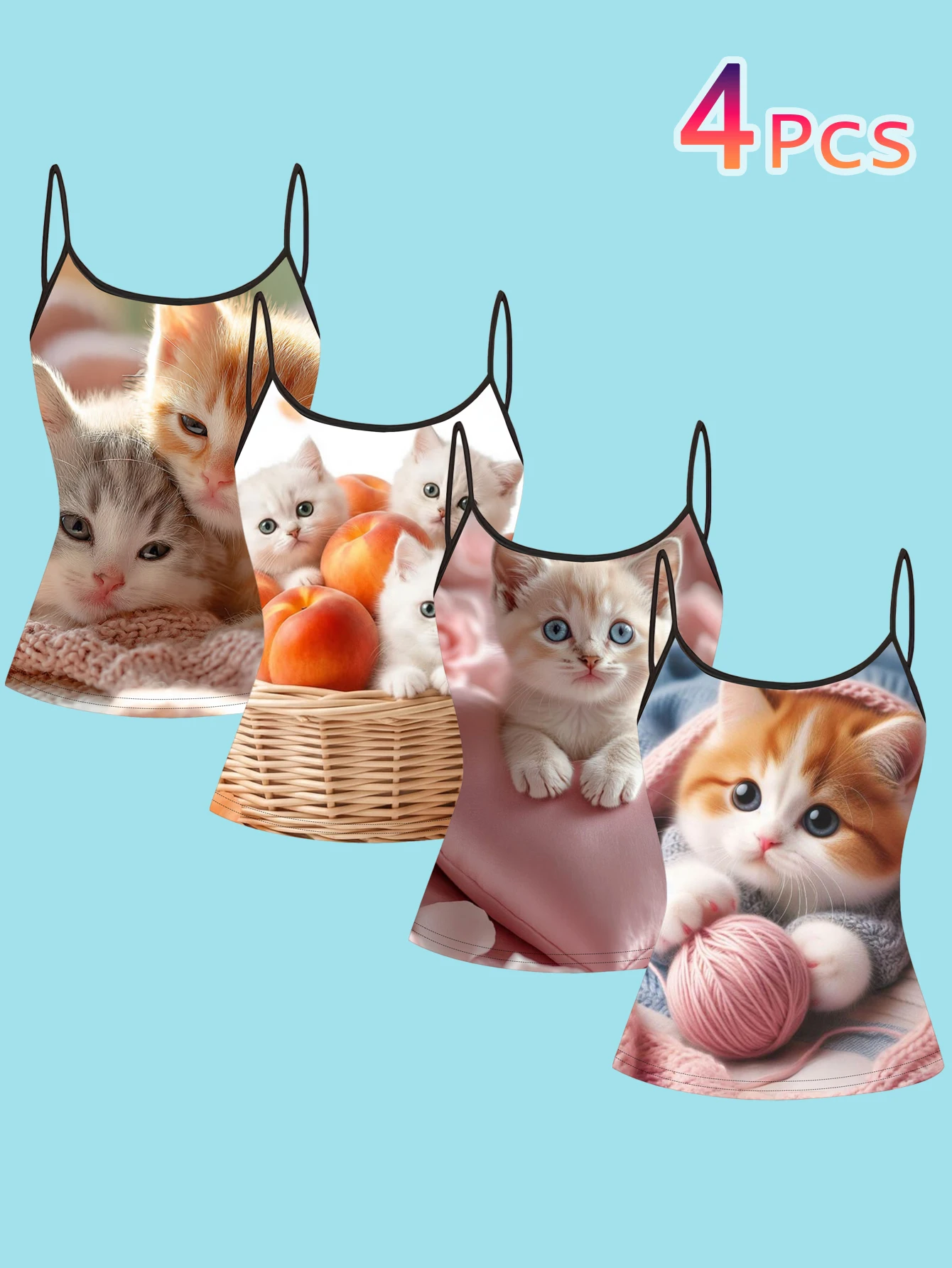4-Piece Set of Soft Peach-Colored Kitten Print Spaghetti Strap Camisoles for Women, Gentle and Healing 3D Cute Pet Print, Slim Fit, Can Be Worn as an Inner Layer or Outerwear