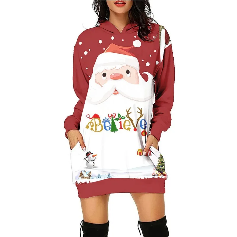 Autumn Winter Women's Pullover Hooded Contrast Letter Cartoon Print Christmas Lantern Long Sleeve Loose Fashion Casual Dress