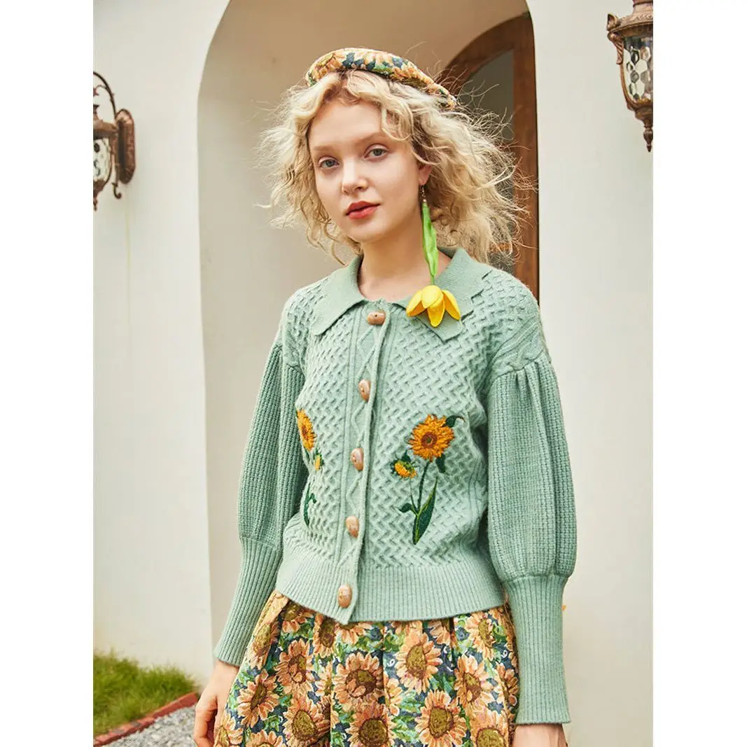 Women Autumn Winter Retro Sunflowers Embroidery Knitted Cardigan Twist Crocheted Sweater Coat Lantern Sleeve Knitwear Tops+Skirt