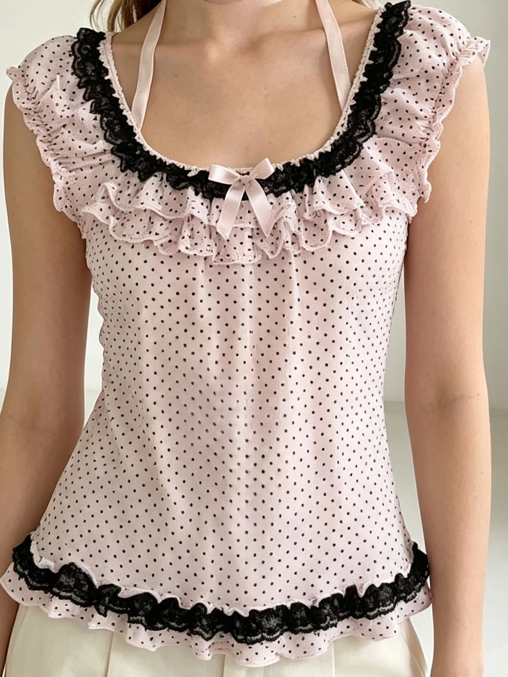 Polka Dot Halter Neck Tank Top Multi‑Layer Ruffled Black Lace Trim Front Bow Accent Cap Sleeve Slim Cut Summer Cami Top