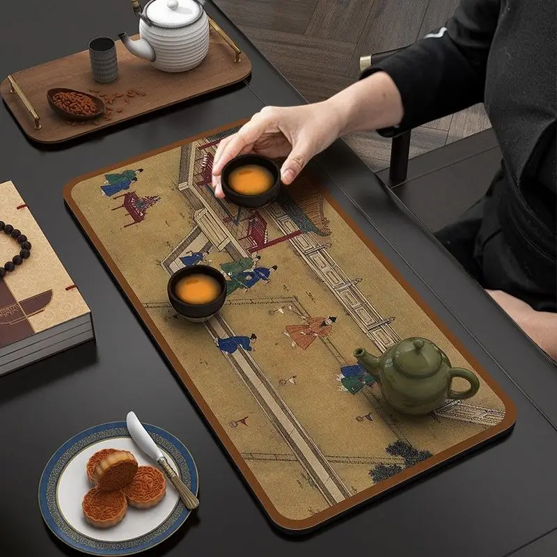Large Thick Tea Mat for Household Table Decoration, Absorbent, Quick Drying, Landscape Painted, Zen Tea Table Cloth, Special Pla
