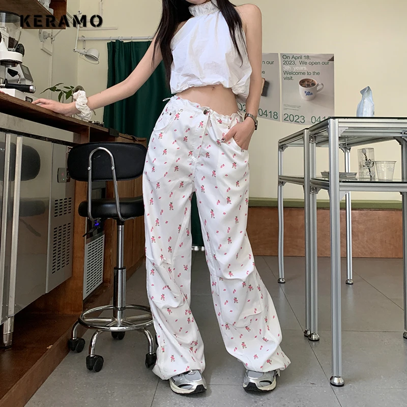 Imagem -02 - Calça Casual Estampada Floral Feminina Cintura Alta Calças Largas Doce Ajuste Solto Calça Macia de Comprimento Total Moda Primavera Verão 2023