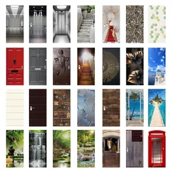 Self-adhesive Door Sticker 3D Elevator Geometric Landscape Wall Sticker Poster Home Interior Door Mural Wallpaper Custom Service