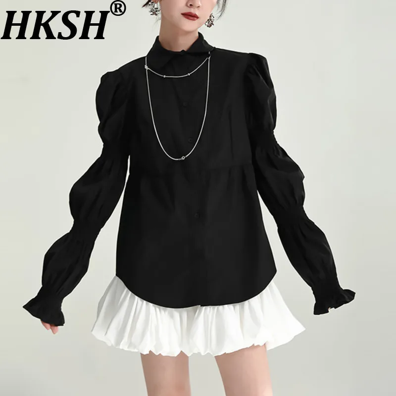 

HKSH весенне-осенняя новая женская рубашка, однотонная однобортная универсальная элегантная милая блузка с пышными рукавами, модные топы HK15071