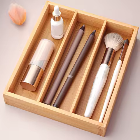 Three-grid Bamboo Drawer Storage Box Tableware Storage Box Kitchen Silverware Compartment Living Room Tools Bamboo Box Storage