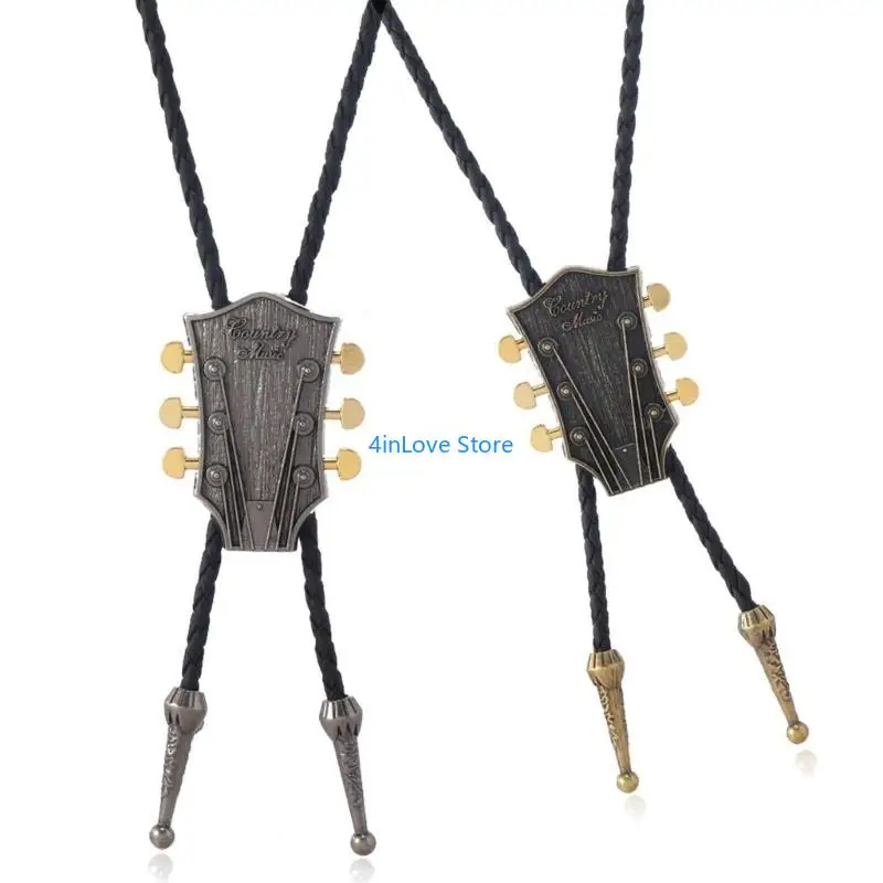 T4MD 2pcs Vintage Guitar Tie Adjustable Leather Necktie Men Western Rodeos Accessory for Music Lovers and Rock Enthusiasts