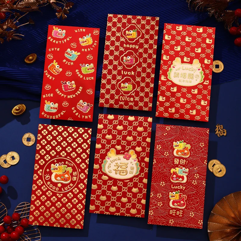 6Pcs/set 2024 The Year Of Dragon Spring Festival Red Envelopes Luck Money Bag Bless Pocket Red Packet Chinese New Year Decorat