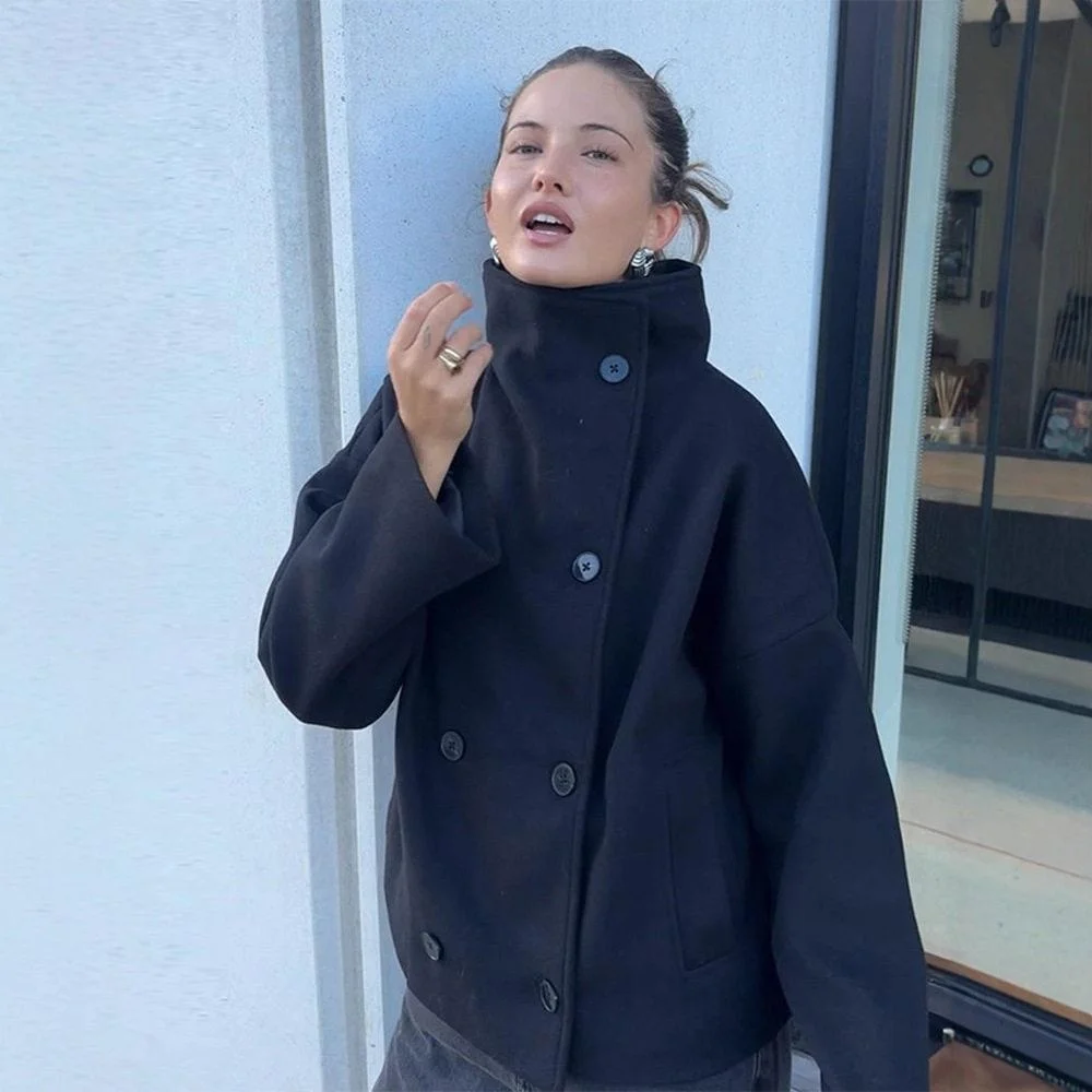 

Neuter Style Double Row Button Stand Collar Short Coat Elegant Atmosphere Commuting Outerwear for Women Autumn New Arrival