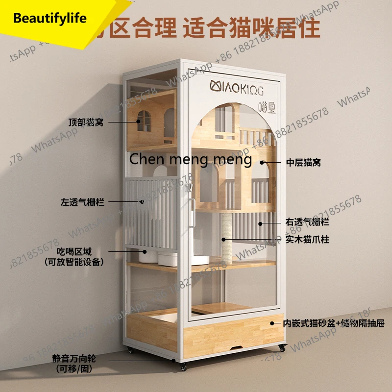 

01A Panoramic cat villa glass large cat cabinet nest solid wood household indoor cat cage with toilet