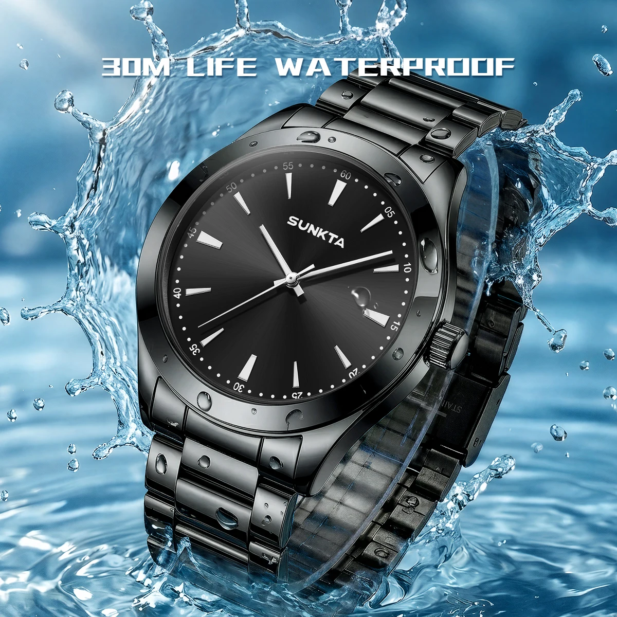 Montre-bracelet vintage SUNKTA pour homme, bracelet en acier inoxydable, date simple, mouvement à quartz, style décontracté et tendance pour étudiants, couleur argent