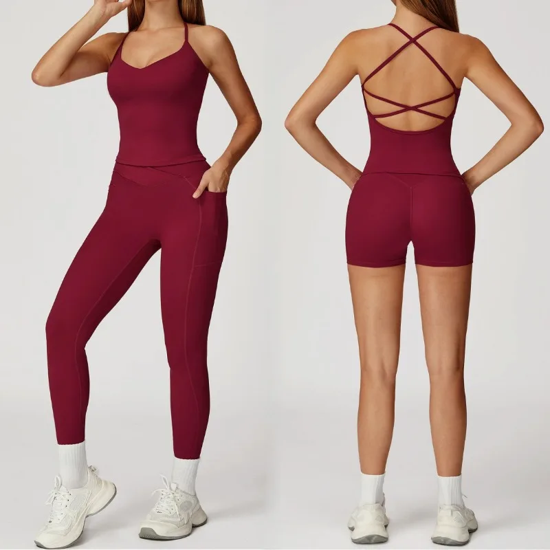 

Women's Fashion Yoga Set Cross Exposed Feeling Slimming and Beautiful Back Exercise Set Outdoor Leisure Running and Fitness Set
