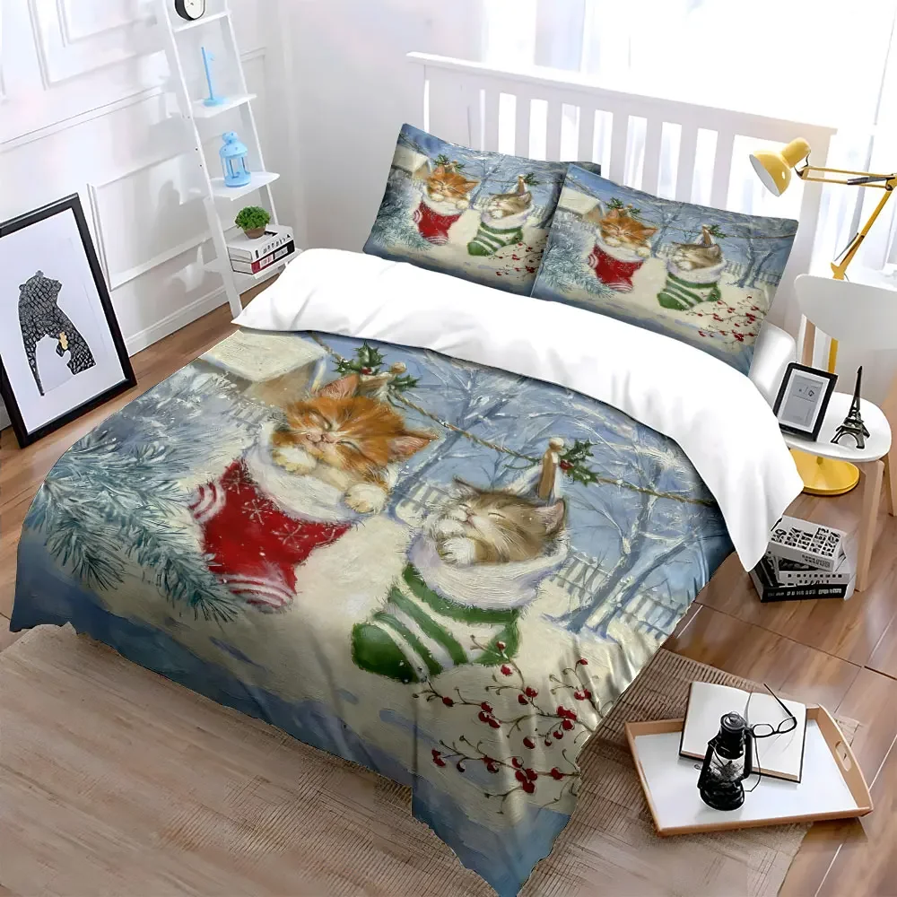 Christmas Stocking Kitten Decorations Winter Soft Comfortable Duvet Cover Bedding Set Included 1*Duvet Cover & 2*Pillowcases