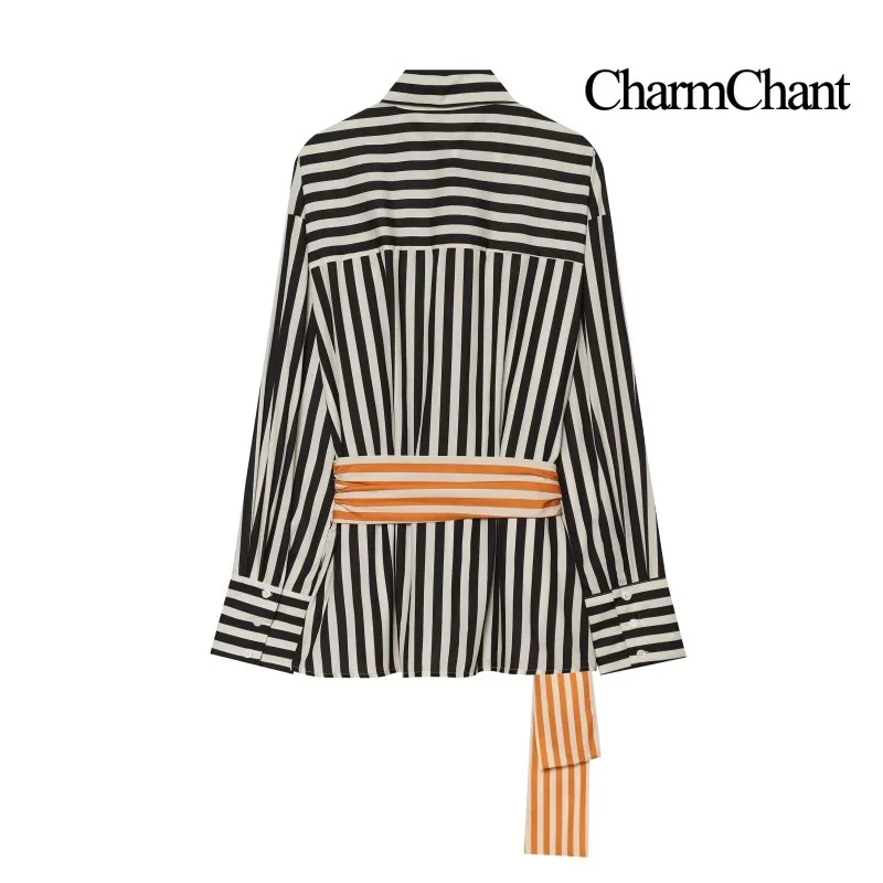 CHARMCHANT Women's Striped Belted Long Sleeve Shirt Contrast Sash Turn Down Collar Loose Button Down Blouse Spring 2026