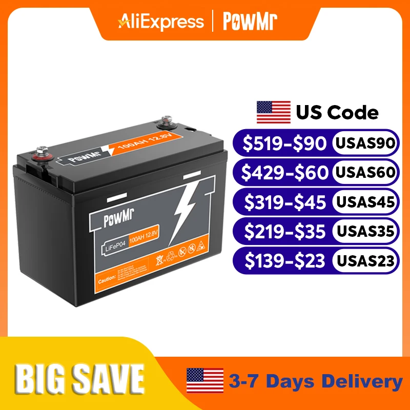 

PowMr 100AH 150AH 200AH 300AH Lifepo4 Батарея 12 В 24 В Батареи Солнечная литиевая батарея Перезаряжаемая BMS Класс A 6000+ Цикл
