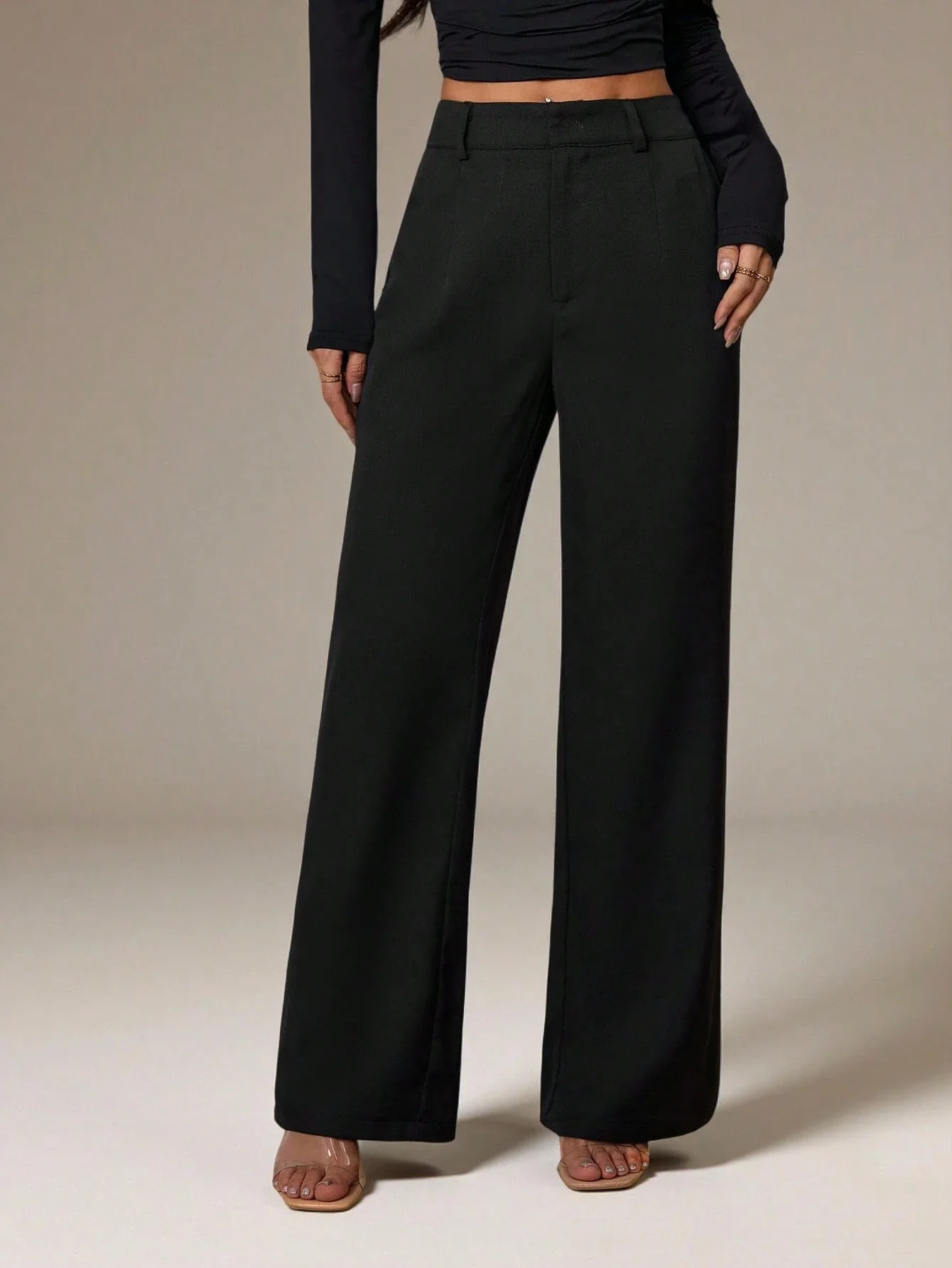 

Брюки с высокой талией, широкими штанинами, свободного кроя, повседневные, офисные, черные, прямые