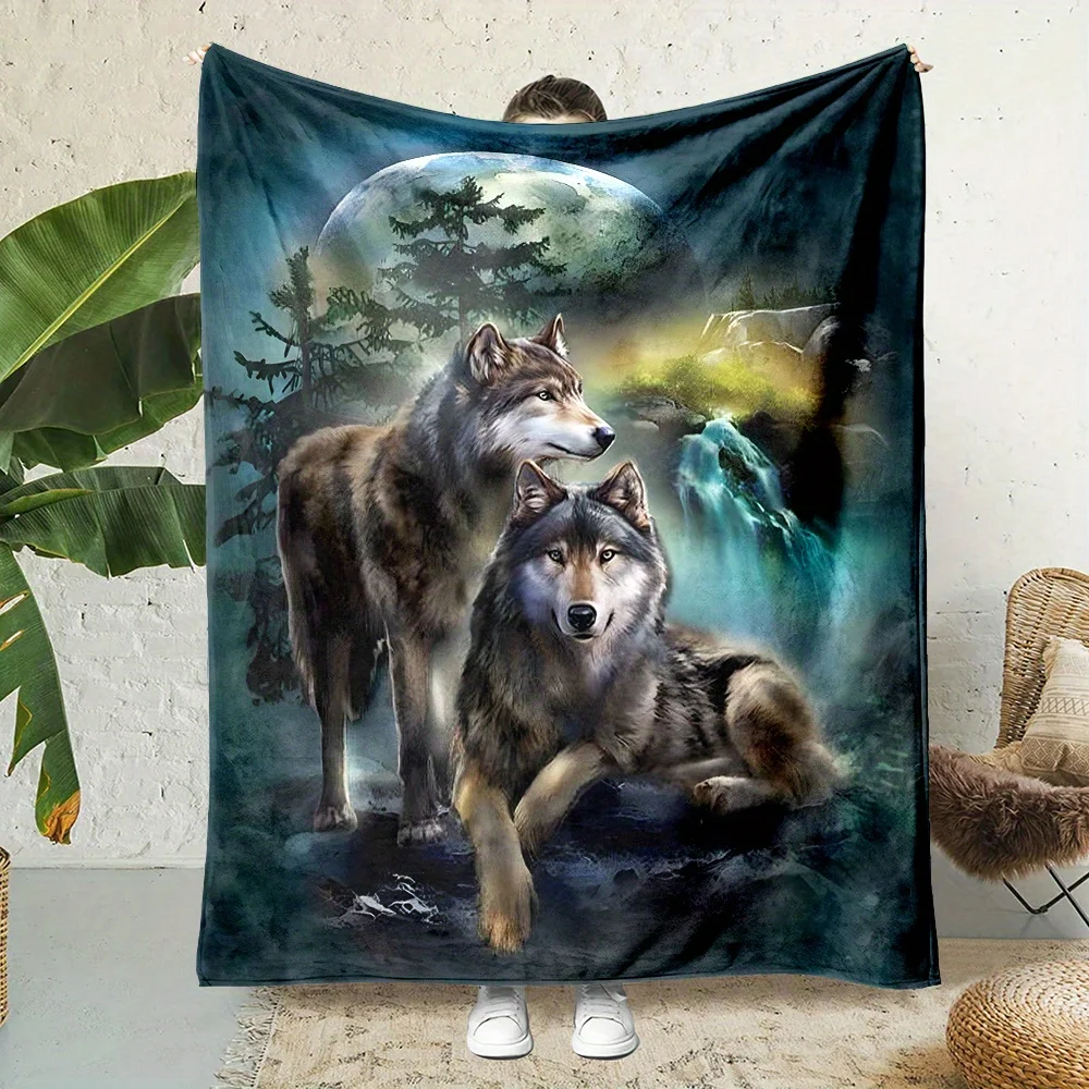 Aesthetic Wolf Pair Throw Blanket Cozy Fleece Decor for Sofa Living Room Forest Art Mural Nature Wildlife Pet Gift