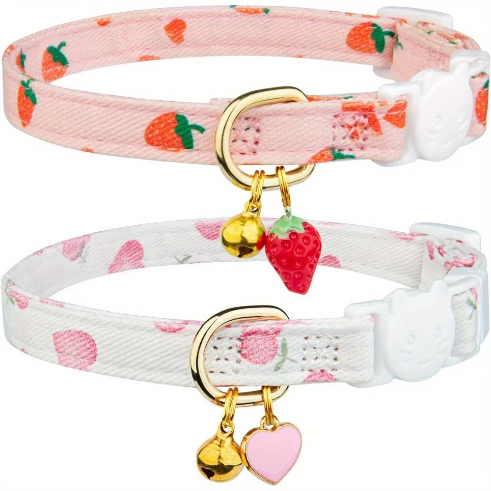 2 Pack Cotton Breakaway Cat Collar Pink Strawberries and White Heart Shaped Pendant Cute Kitten Cat Collar with Bell