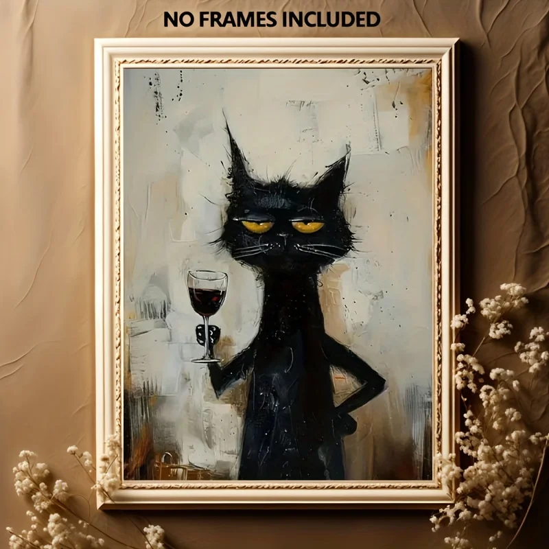 Chic Black Cat Art Canvas Print,Minimalist Animal Poster,Unique Creative Wall Art Decor for Bathroom, Living Room, Bedroom view 4