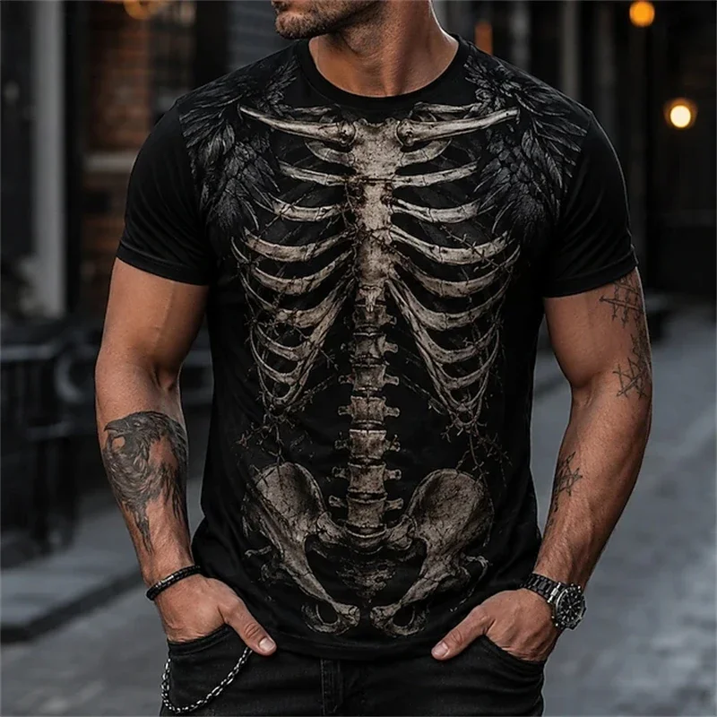 Fashion New Men's Skeleton Ribcage 3D Print T-Shirt Gothic Dark Bone Graphic Short Sleeve Tee Halloween Horror Streetwear Top