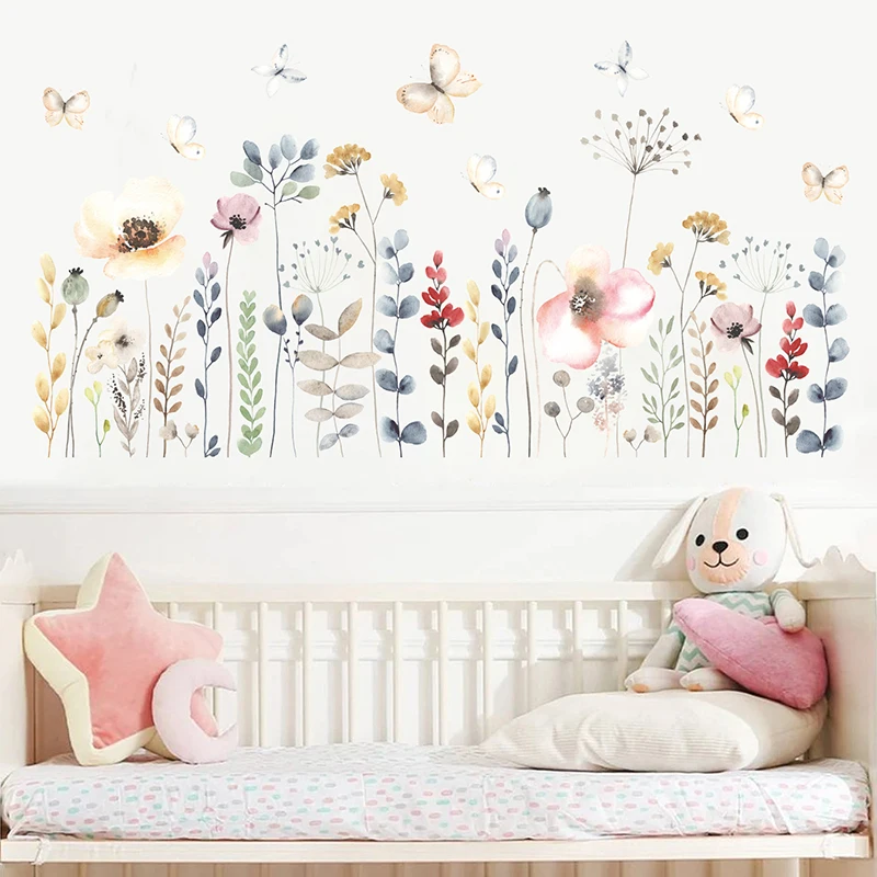 Boho Style Watercolor Flowers Floral Wall Stickers for Living Room Bedroom Baseboard Wall Decals Home Decorative Stickers Murals