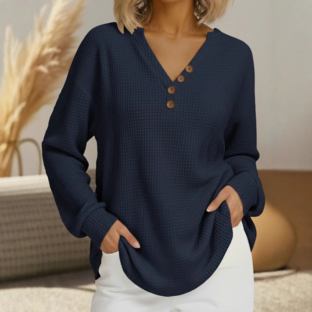 Women's V Neck Button Front Waffle Knit Long Sleeve Top Solid Color Casual Women T-Shirt Women's Sleeved Basic Knit Blouse with