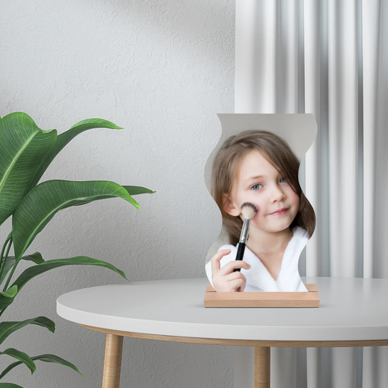 

Acrylic Desktop Makeup Mirror with Wooden Base Irregular Frameless Mirror for Bedroom Vanity Table Decorative Use