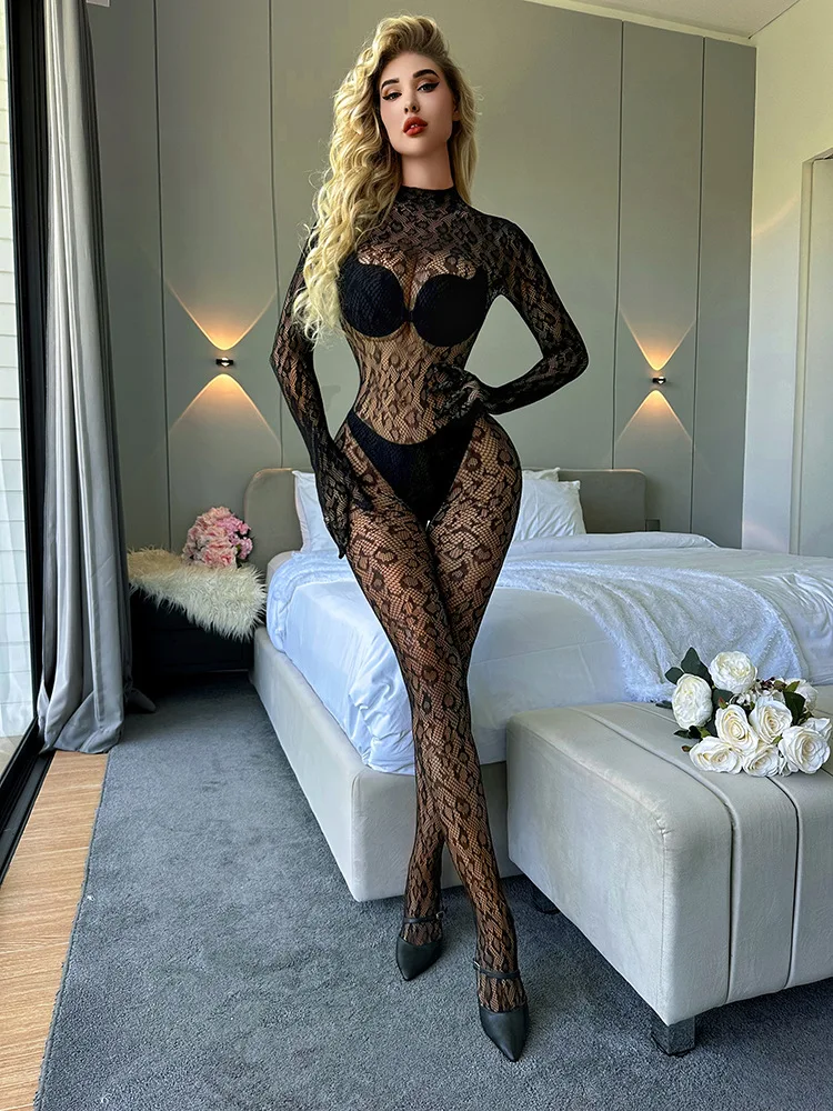 Leopard Fishnet Bodystocking, Hollow Out Long Sleeve Backless Bodystocking, Women\'s Sexy Lingerie & Underwear