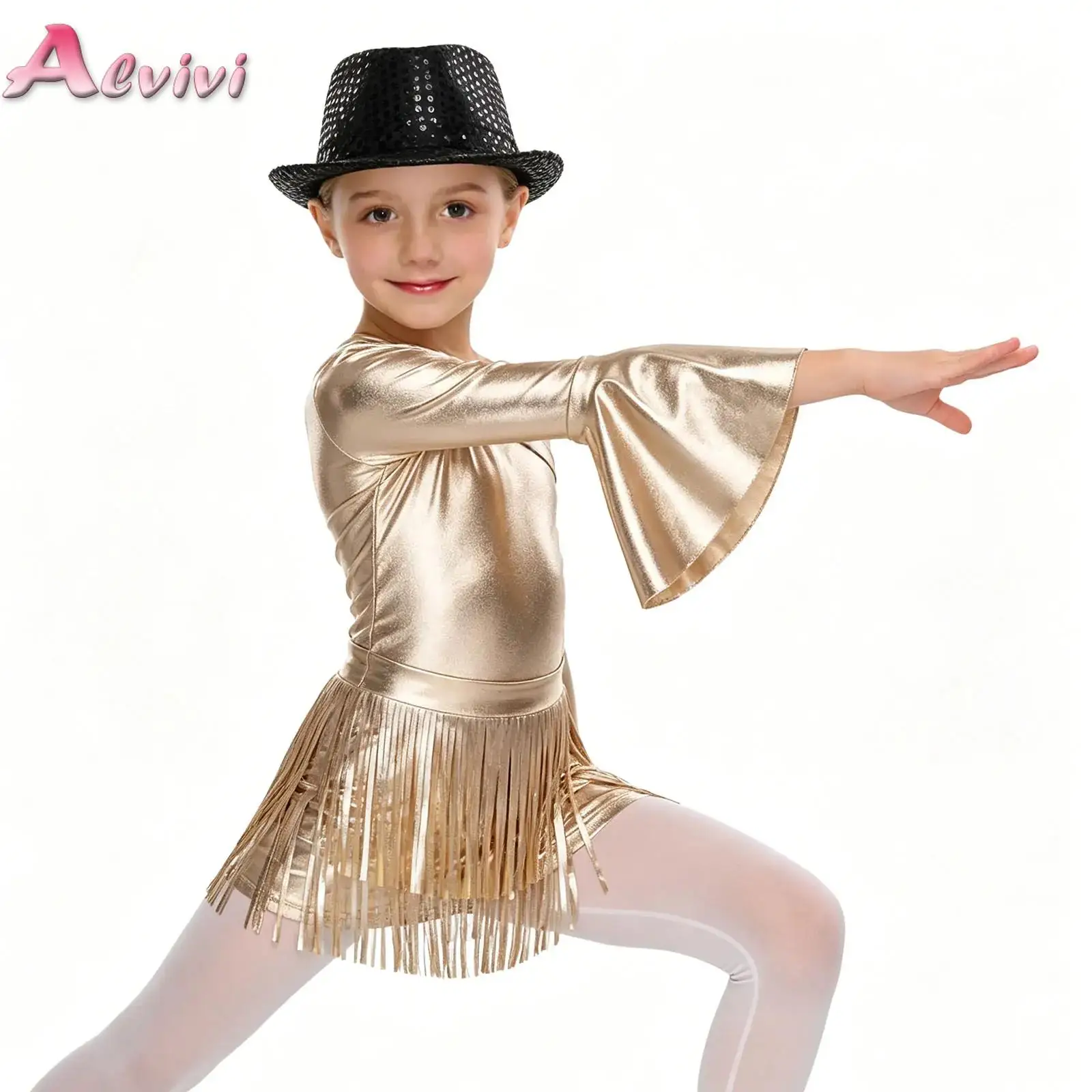 Kids Girls 3 Pieces Disco Hippie Jazz Dance Outfit Metallic Glossy Flare Sleeve Jumpsuit Bodysuit with Fringed Skirt And Hat Set