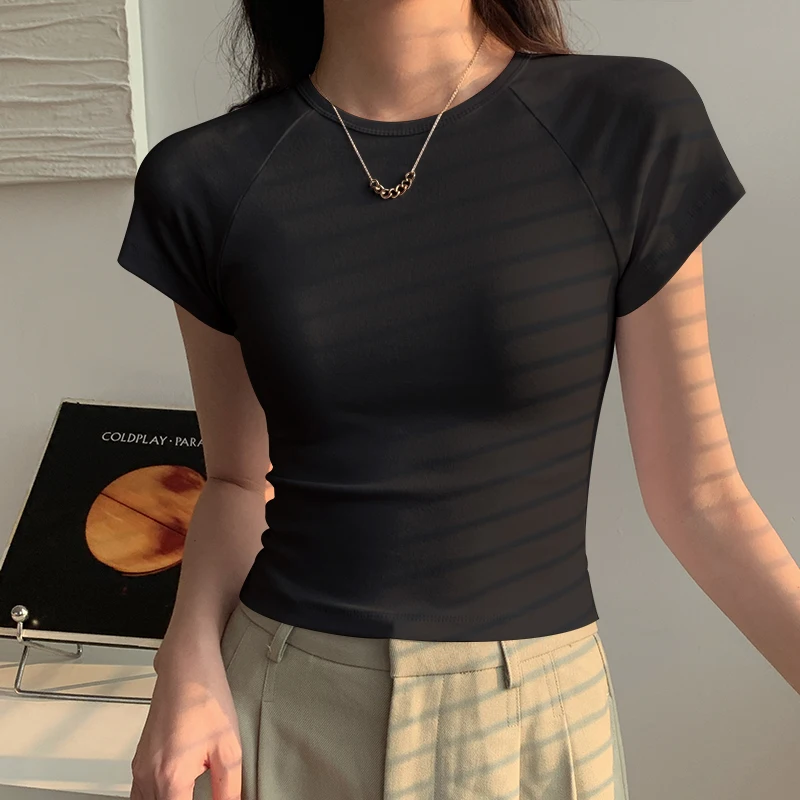 

Short Sleeved T-shirt Women Slim Waisted Cotton Thin Threaded Top Round Neck Versatile Soft