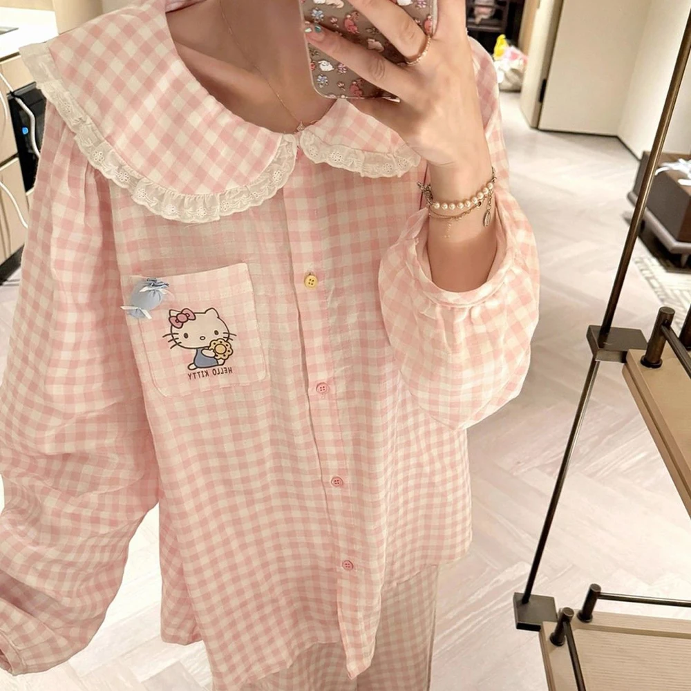 Neues Kawaii Pink Hello Kitty Herbst-Baumwoll-Pyjama-Set für Frauen 2025, Cartoon-Langarmhose, süße süße Mädchen-Hauskleidung