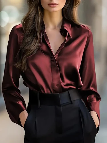 Imagen 2 del producto Blusa elegante de manga larga de satén negro para mujer, camisa con cuello abotonado, perfecta para uso informal o profesional