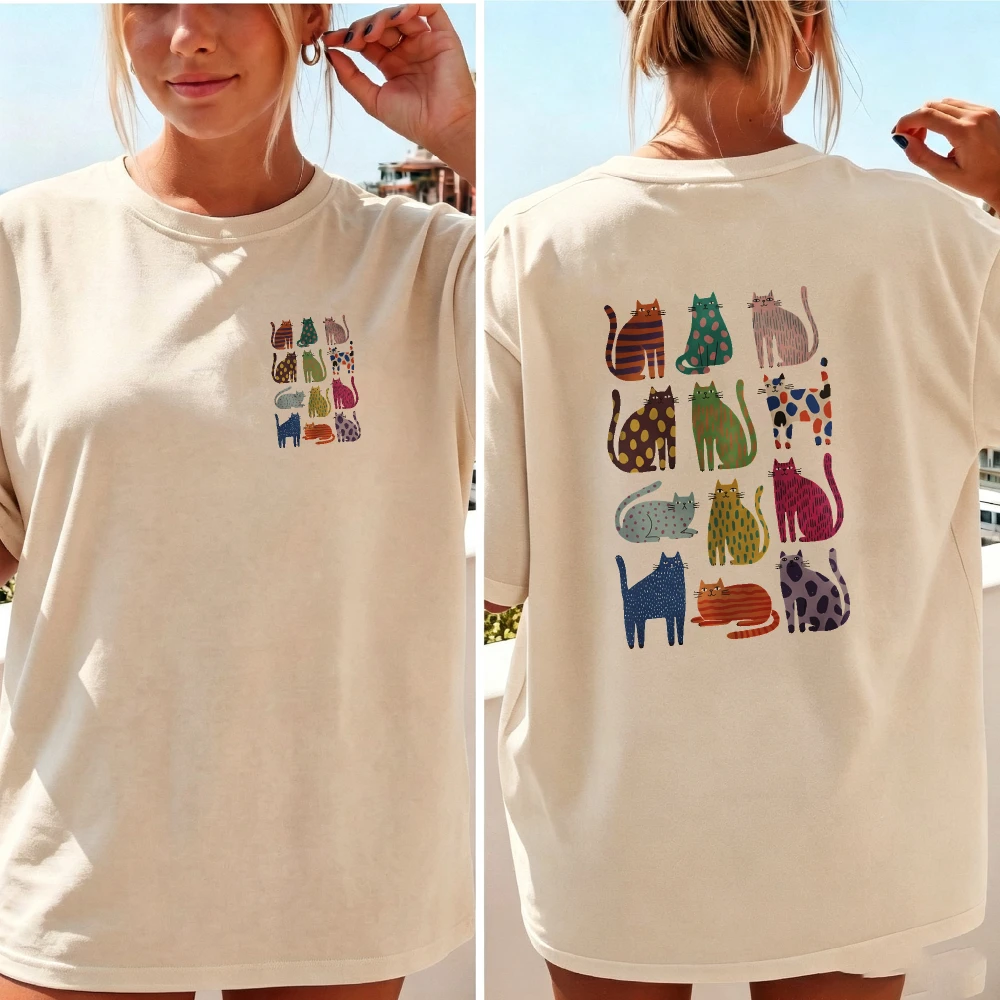 12 Grid Colorful Abstract Spotted Striped Cats Collage T Shirt Hand Drawn Multi Pattern Kitten Grid Cotton Whimsical Pet Lover