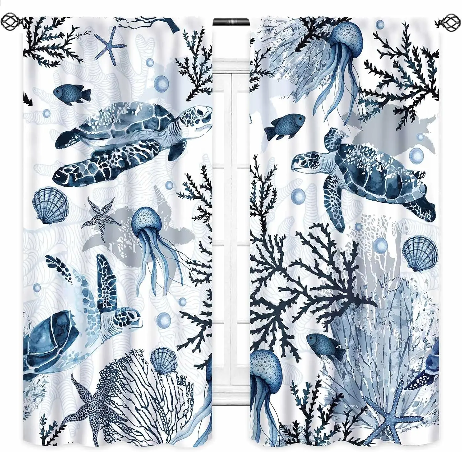 Tropical Ocean Sea Turtle Underwater Life Print Shower Curtain Blue Coral Jellyfish Bathroom Decor Waterproof Nautical Style
