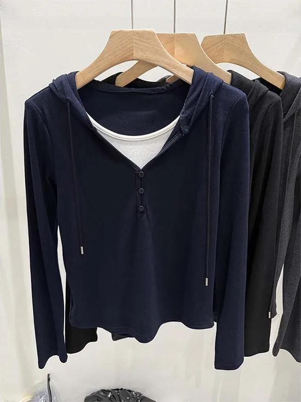 Hooded Base Layer Long Sve Sweatirt Spring Autumn Thin Casual T-irt Small Size Inner Wear Layered Hoodie Top