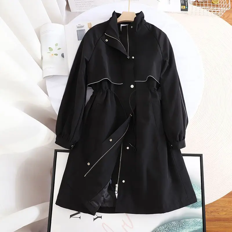 Black Trench Women Spring Autumn Coats Chic Defined Waist Loose All-match Outerwear Mid-length Vintage Streetwear Female Mujer