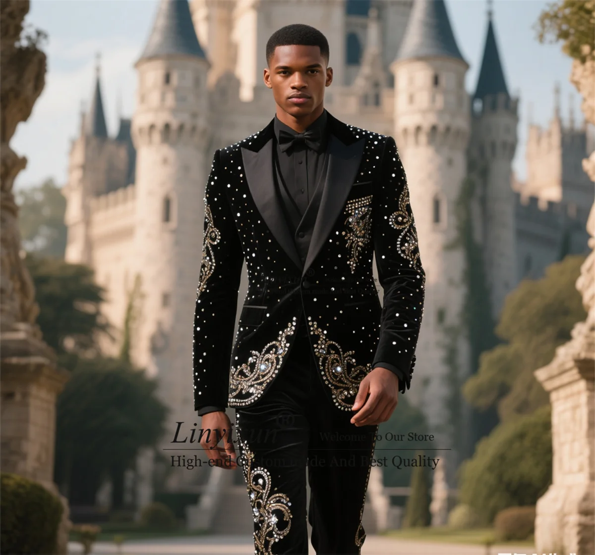 

Модные бархатные мужские костюмы, комплекты из 3 предметов, мужской пиджак для выпускного вечера, элитные смокинги для жениха с металлическими украшениями по индивидуальному заказу, Ropa Hombre