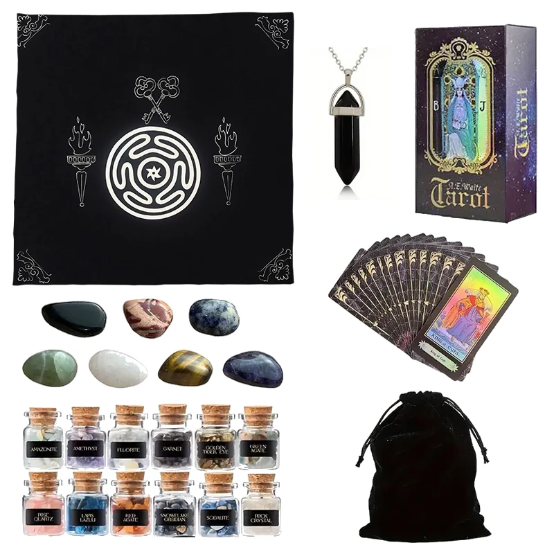 Tarot Card Set 1 Set 78 Tarot Cards 12 Mini Crystal Vases 7 Chakra Stones 1 Tarot Tablecloth 1 Pendant Accessory 1 Storage Bag