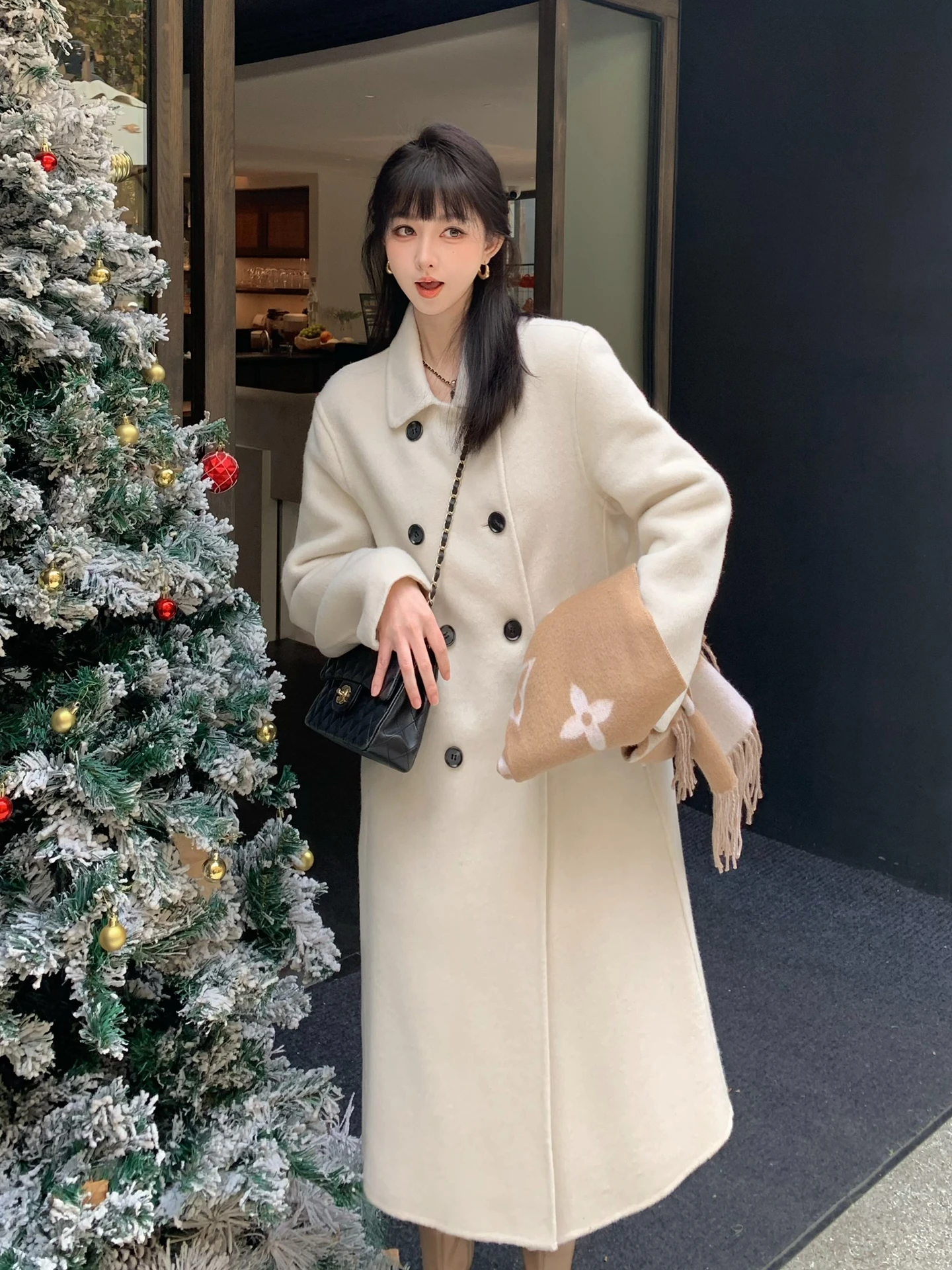 

White Woolen Coat Women's Medium Length Double-Faced Camere Thi Outerwear Winter New Sle Korean Sle Loose Fit Long Sl...