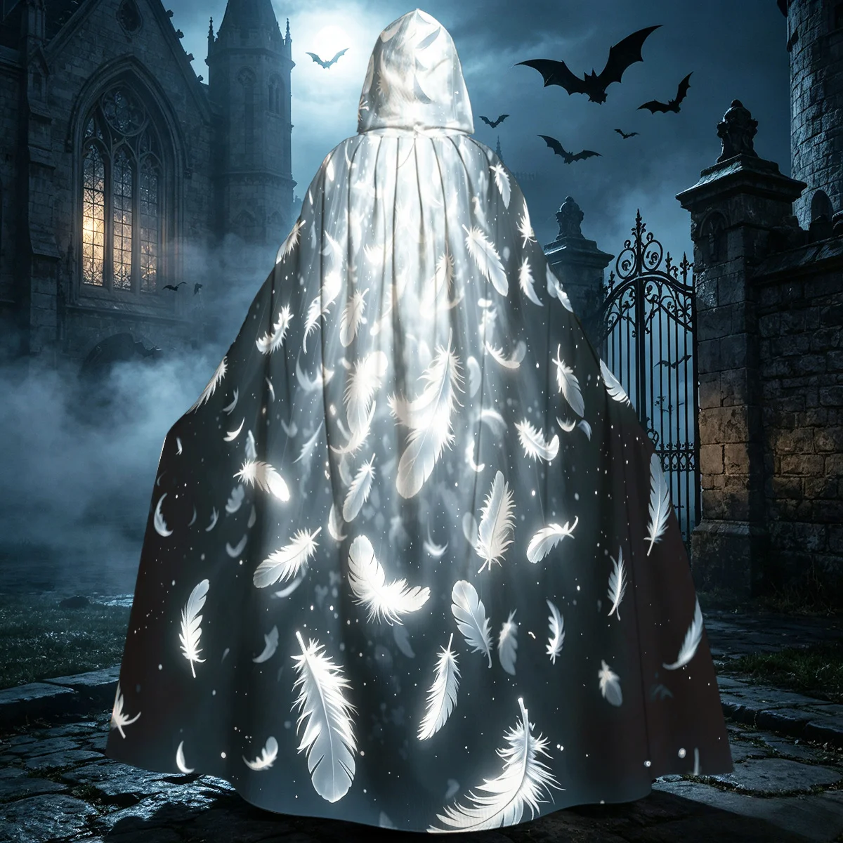 1pc Hooded Long Cloak, Glowing Floating White Feather with Beam Light Dark Space Elegant Pattern Cosplay Cape, Halloween