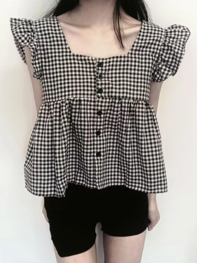 

Shirts Women Square Collar All-match Streetwear Holiday Comfortable Clothes Cute Summer Lovely Ladies Fashion Plaid Korean Style