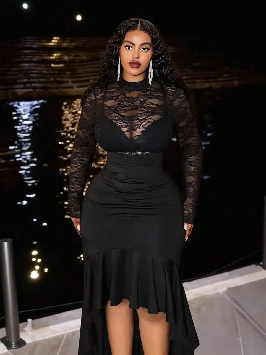 Veslaya Plus Size Women's Black Sheer Long Sleeve Lace Patchwork Bodycon Dress,Autumn Elegant Formal Evening Night Out Club