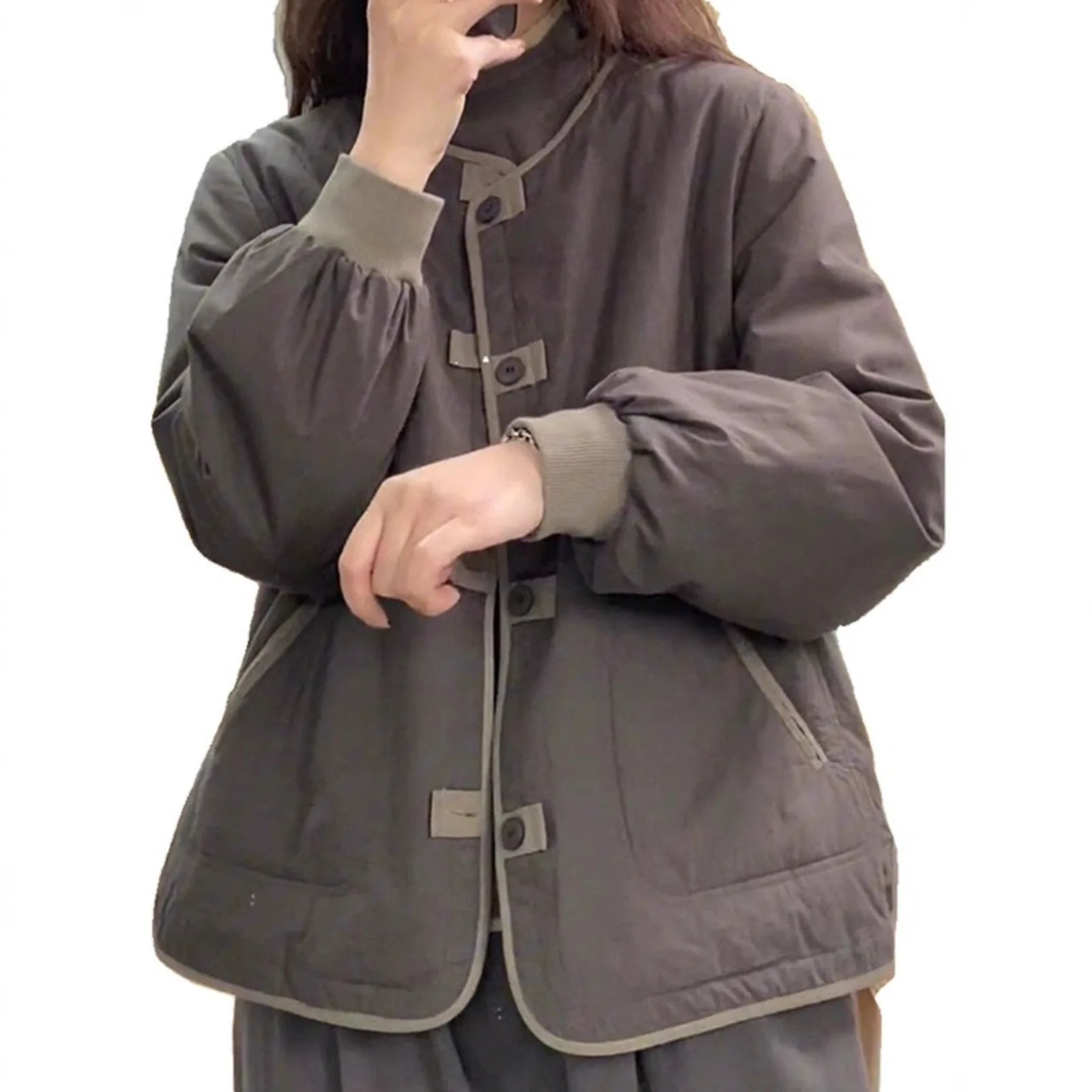 سترة نسائية قطنية سميكة خفيفة الوزن كاجوال فضفاضة بنمط ريترو كتلة الألوان معطف دافئ قصير جدًا وطول طويل #1